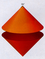 Two cones whose circular bases are joined.